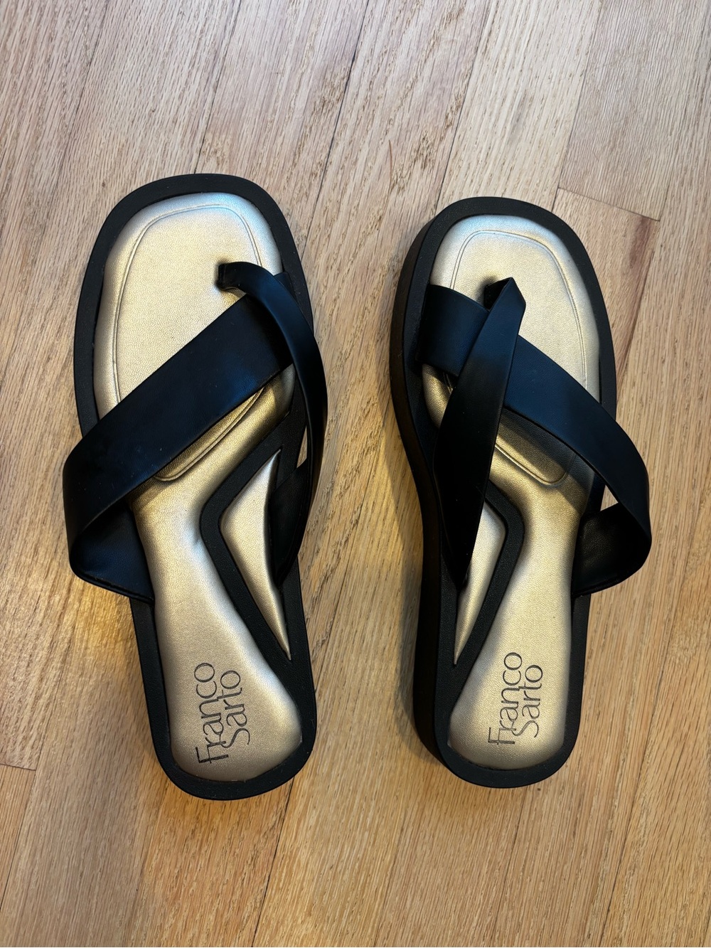 Franco Sarto Black Strappy Sandals with Gold Footbed